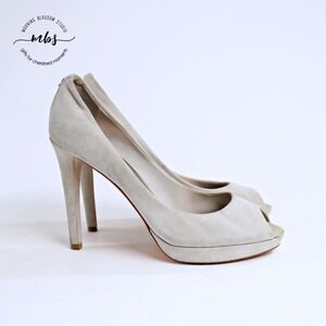 Coach Suede Y2K Platform Stiletto Peep Toe Heel Pumps Light Gray Women 8.5